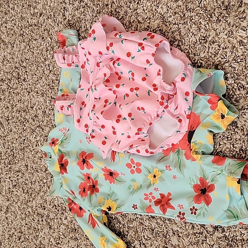 Floral and Cherry Print Kids Swim Set